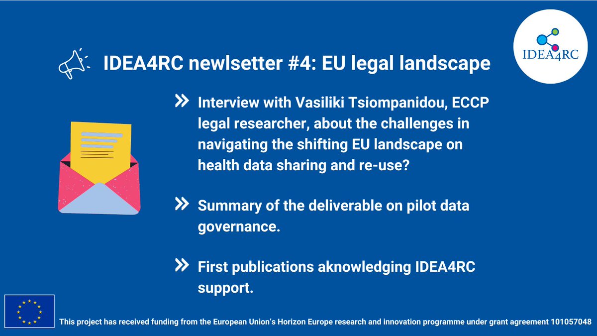 ✉ The fourth issue of the #IDEA4RC #newsletter is out!
What are the challenges in navigating the shifting EU legal landscape about #HealthData sharing and re-use❓ 

👉 Read the complete issue our website
idea4rc.eu/newsletters/?i…
📥 Subscribe
idea4rc.eu/newsletter-sig…

#RareCancers