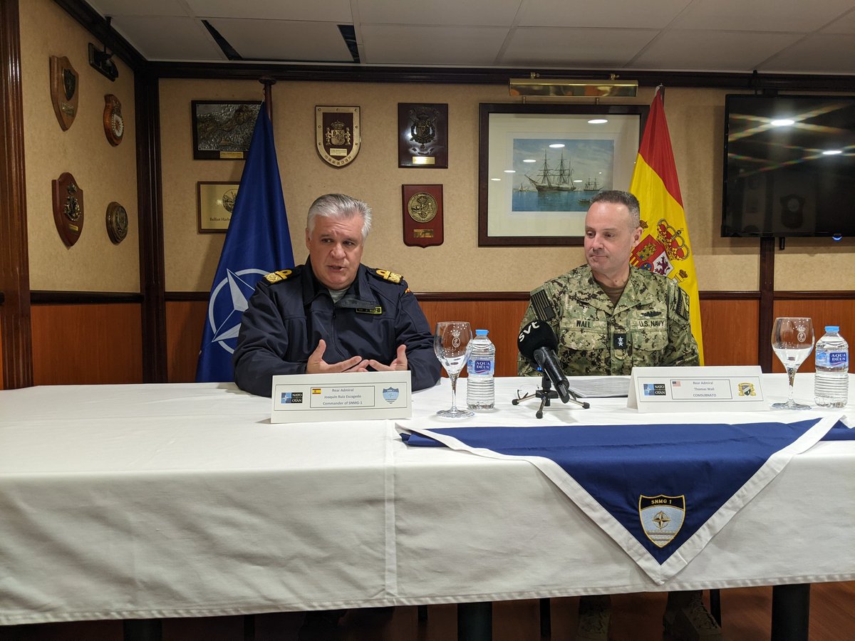 Press conference aboard Juan De Borbon with RADM Escagedo 🇪🇸 @COM_SNMG1 and RADM Wall COMSUBNATO @NATO_MARCOM 🇺🇲 Dynamic Mongoose ASW exercise this year features more assets than in previous years.