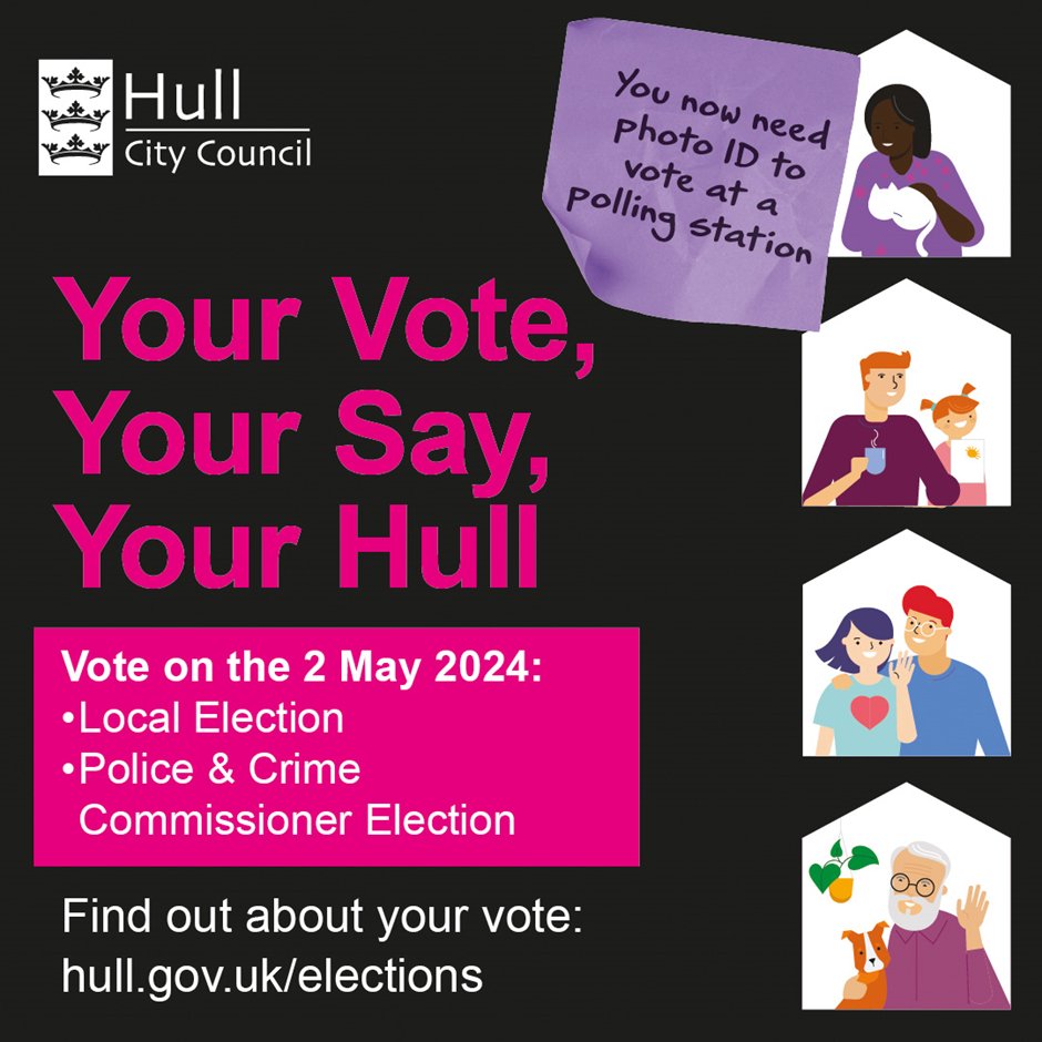 Local Elections take place in Hull this Thursday 2nd May, 7am-10pm. You can also vote for the Police and Crime Commissioner for Humberside. Don't forget your photo ID when you go to the polling station. More info: hull.gov.uk/elections-voti… #UseYourVote #LocalDemocracy #NurtureHull