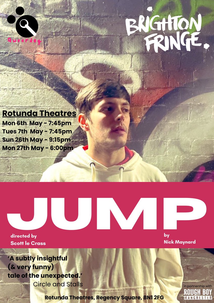 One week until JUMP opens @brightonfringe! 🎭 You can find all sorts down by the canal late at night… 🏳️‍🌈 #JUMP ‘A subtly insightful (and very funny) tale of the unexpected’ @CirclesStalls 🩷 Grab your tickets for one of our @RotundaDome’s shows now! 🎟️ bit.ly/JUMP_brighton