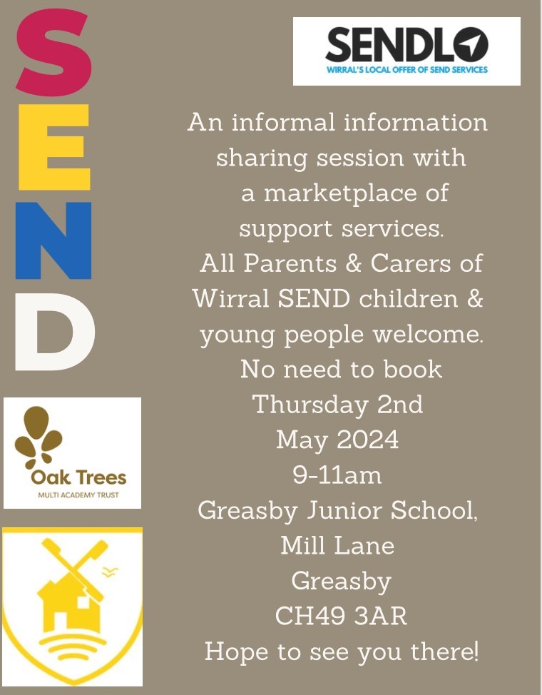 The next SENDLO event will be this Thursday, 2nd May at Greasby Junior School 9-11am