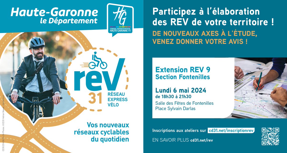 🚴‍♀️ Participez à l'élaboration des futurs Réseaux Express Vélo (#REV) sur votre territoire ! 👉 RDV lundi 6 mai à 18h30 à la Salle des fêtes de Fontenilles. #HauteGaronne #vélo > Inscriptions : cd31.net/inscriptionrev