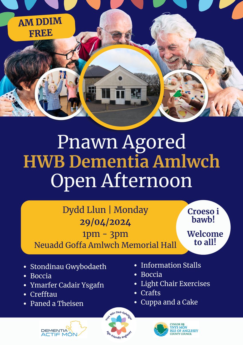 Pnawn Agored HWB Dementia Amlwch

Croeso cynnes i bawb i Bnawn Agored HWB Dementia Amlwch yn Neuadd Goffa Amlwch heddiw rhwng 1-3yp.

Bydd yn gyfle i ddathlu a chodi ymwybyddiaeth o'r HWB Dementia wythnosol newydd sydd yn Amlwch gan gynnwys stondinau gwybodaeth.