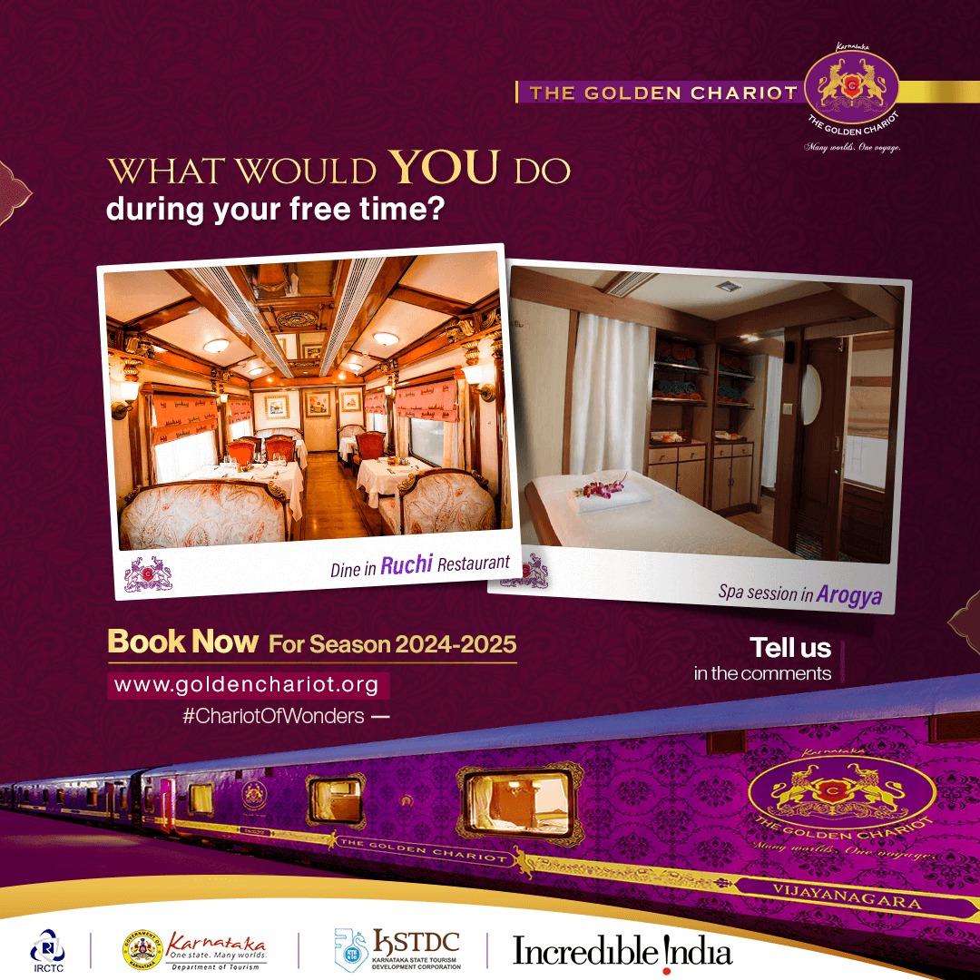 Imagine you have a free evening aboard the #GoldenChariot.Would you prefer indulging in a delightful dining experience at Ruchi or treating yourself to a relaxing spa session at Arogya? Share your choice in the comments below! Go to goldenchariot.org to make your bookings
