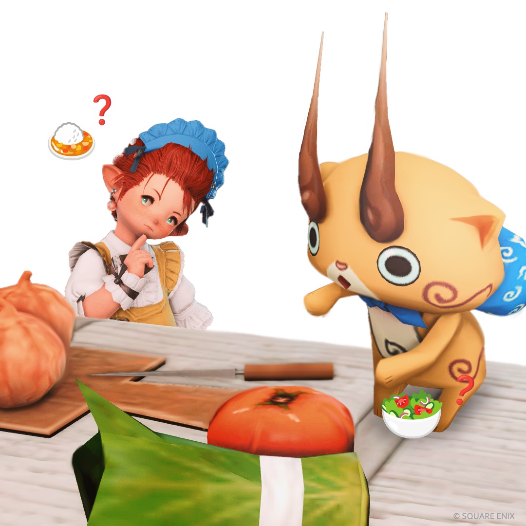 コマじろうとクッキング
「今晩なににする？」
#おつララ #FF14