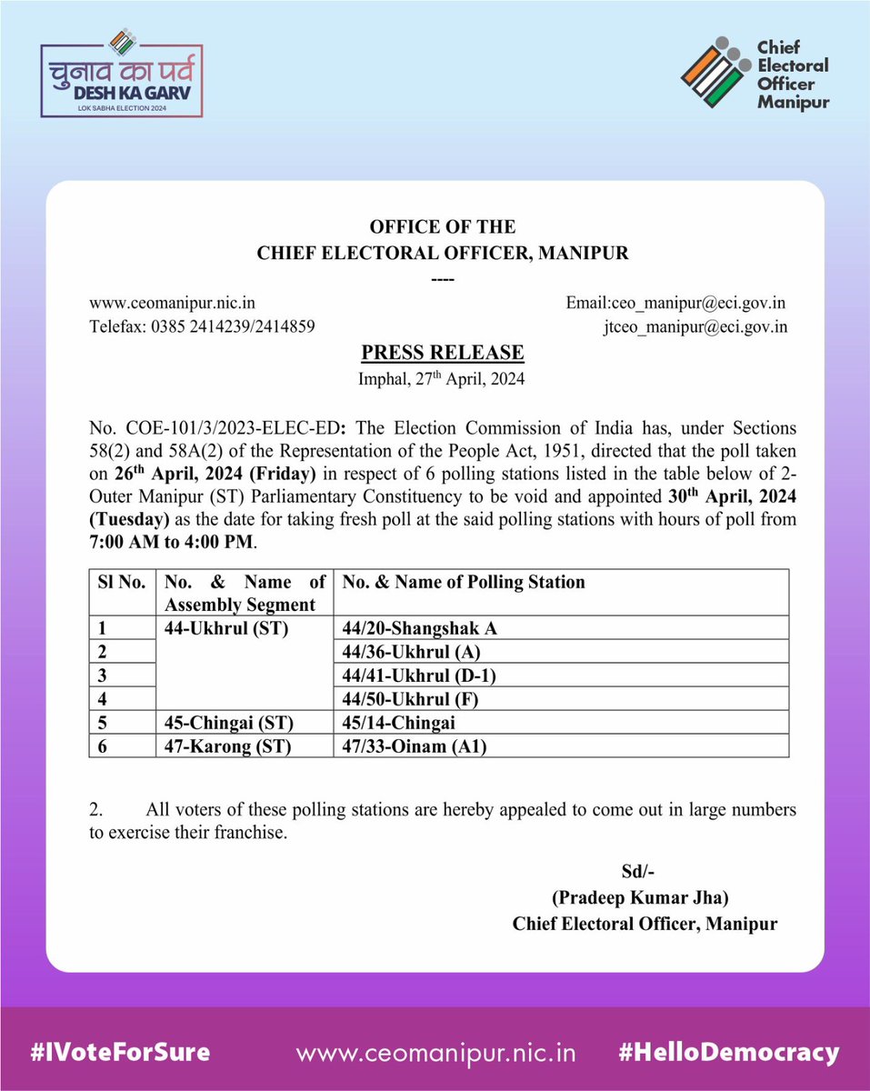 Details of repoll in 6 polling stations of Phase-II, for 2-Outer Manipur Parliamentary Constituency.

#ChunavKaParv #DeshKaGarv #IVote4Sure #HelloDemocracy #LokSabhaElections2024 #ECI #CEOManipur #VotingRights