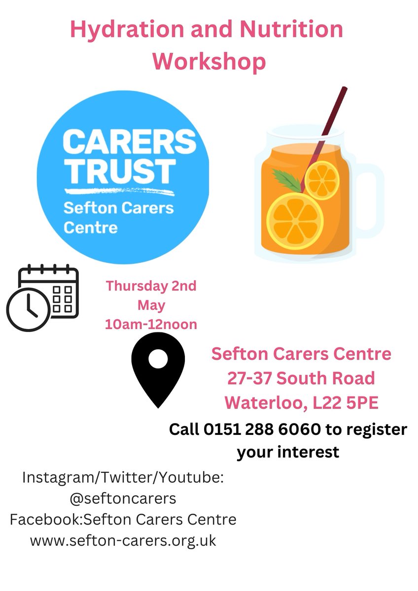 We are holding a Hydration and Nutrition workshop this Thursday 2nd May from Sefton Carers Centre, Waterloo. Please call us on 0151 288 6060 to register your interest!