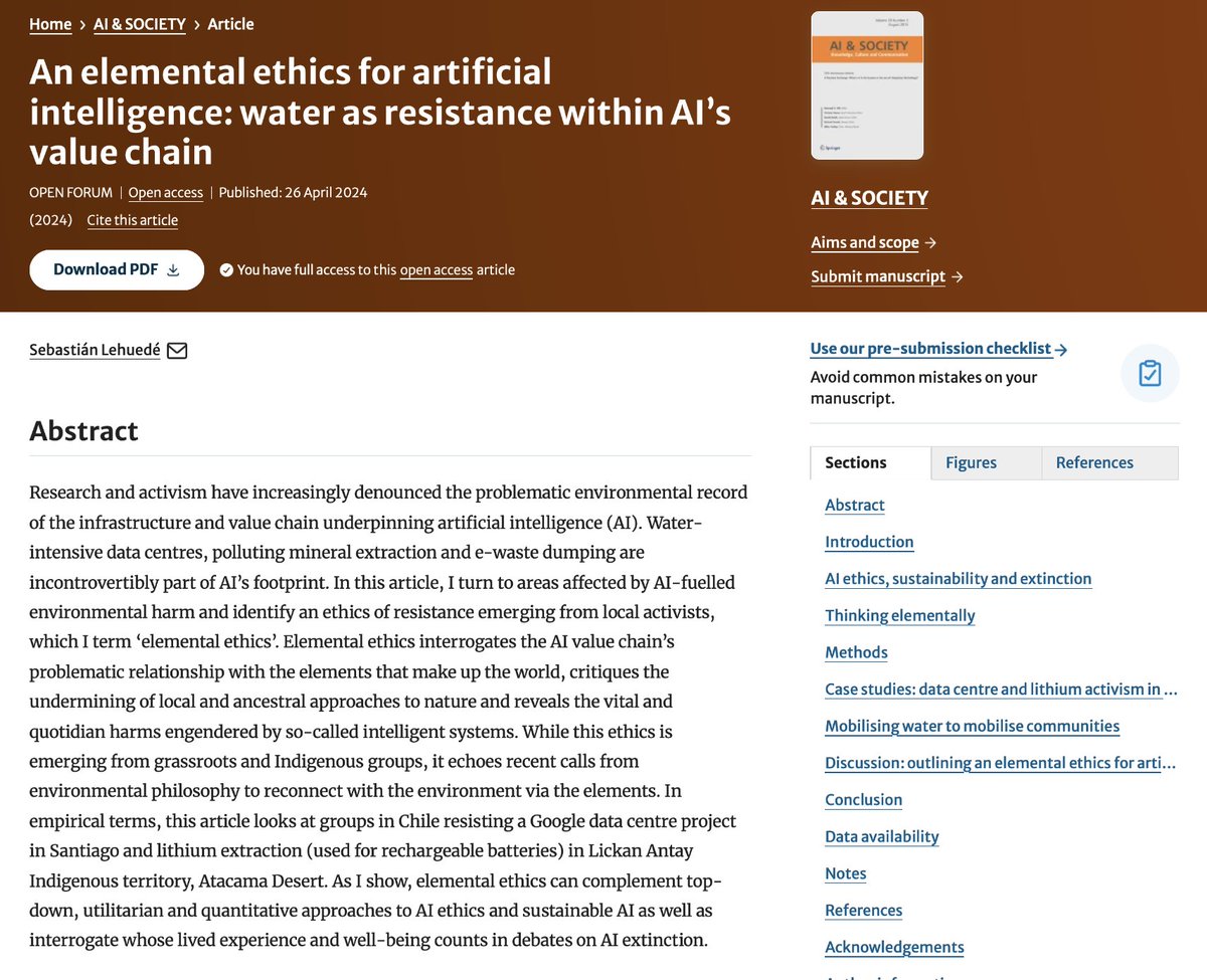 Good morning! My article on AI value chain, water and resistance is out in journal format (I shared a pre-print before) 🤖🫧✊ I propose an ethical framework based on the voices of communities resisting AI-fuelled environmental harm in Chile rdcu.be/dFVmm