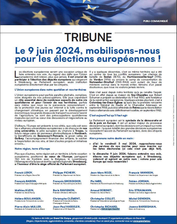 📃 🗳 20 personnalités politiques, universitaires et économiques du Grand Est lancent un appel citoyen à participer aux #Européennes2024 du #9juin2024 🇪🇺 📰 grandest.eu/le-9-juin-voto… ❗ Inscrivez-vous d'ici : 📅 1 mai : en ligne 📅 3 mai : en mairie 🔗service-public.fr/particuliers/v…