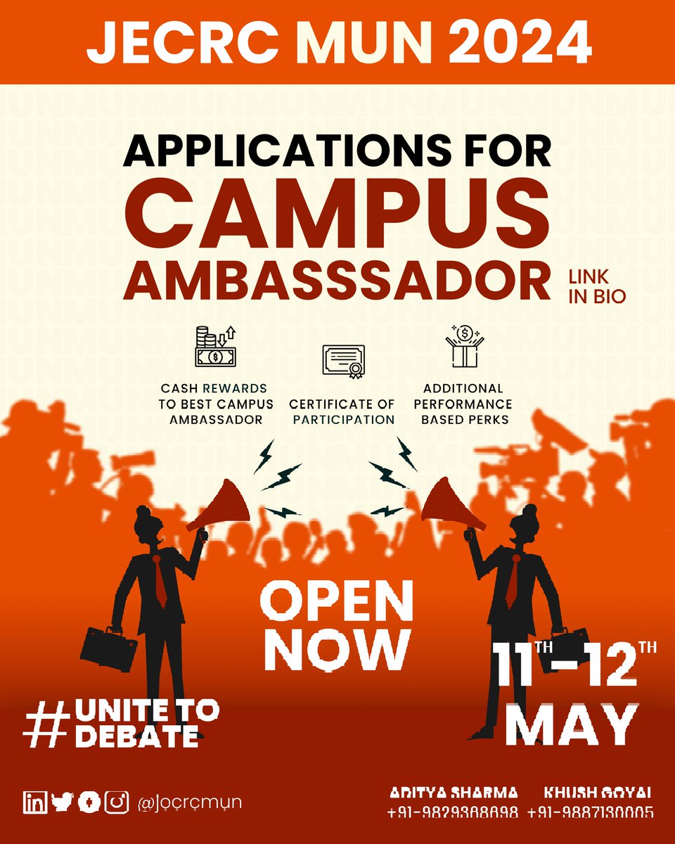 JECRC_MUN's tweet photo. Want to unleash your inner leader? Registration for our Campus Ambassador is now open!
Join our Campus Ambassador program and gain experience, build your network, and become the face of leadership on campus!

Apply now!
#mun #jaipurmun #delegate #conference #campusambassador https://t.co/lFFPSYX4hE