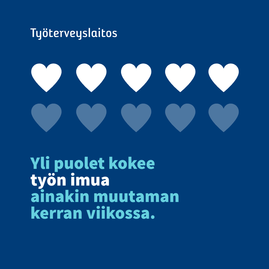 jari_hakanen's tweet photo. 60% suomalaisista kokee usein työn imua ja se on tärkeää ja sitä on lisättävä, sillä #työnimu ennustaa mm. mielenterveyttä ja tuottavuutta.
Työn imu -testin vastausten pohjalta voit tutkailla mm iän, sukupuolen ja tulojen yhteyksiä työn imuun  https://t.co/ch7rn1pJDv @tyoterveys https://t.co/dgEMhCGqGv