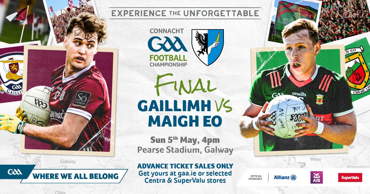 🔹Connacht SFC Final 2024 @Galway_GAA 🆚 @MayoGAA 🗓️ 5th May 🕰️ 4pm 📍 Pearse Stadium 🎟️ Tickets must be purchased through the link below or in selected Centras or SuperValus! #ConnachtGAA ticketmaster.ie/event/18006097…