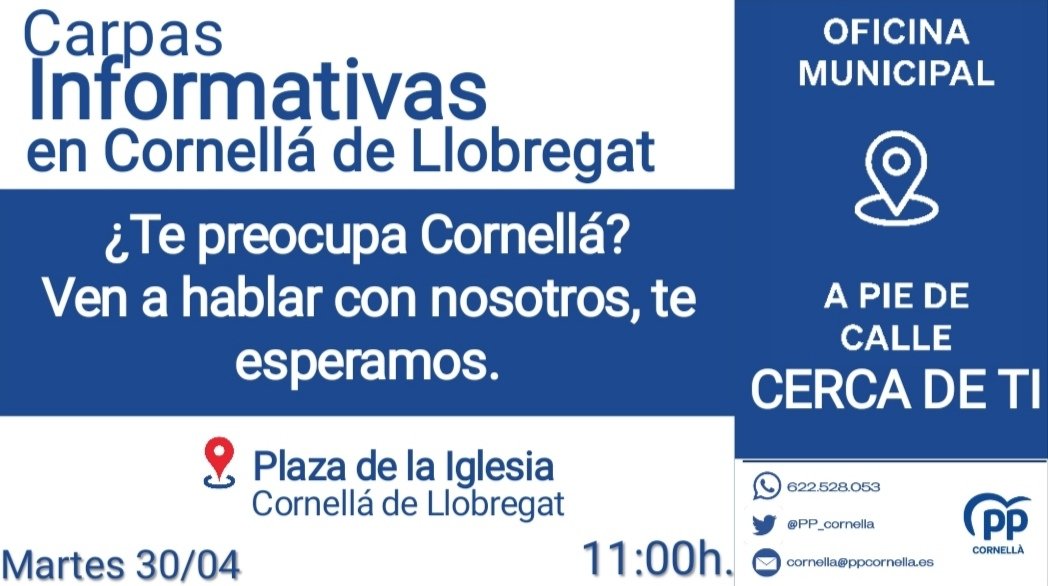 Mañana carpa en,

📍#PlazaDeLaIglesia

Un día más salimos a la calle para escuchar a los vecin@s de #Cornella.

#Volem 
#UnaCatalunyaDePrimera  #TuVotoLoCambiaTodo 
#VotaPP
#Vota @alejandroTGN

@ManuelCasadoPP
@PPBarcelona_ 
@PPCatalunya 
@ppopular