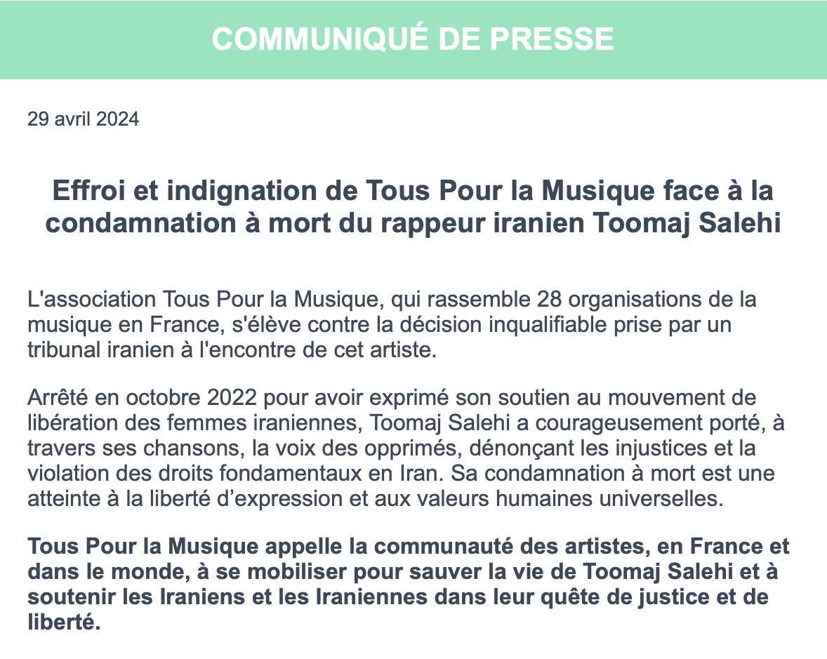[Communiqué @TPLM_Officiel] Effroi et indignation de Tous Pour la Musique face à la condamnation à mort du rappeur iranien #ToomajSalehi