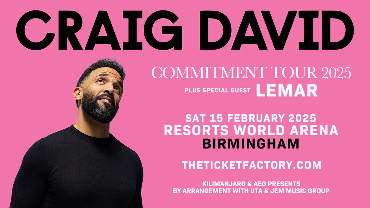 🚨 IT'S CONFIRMED! 🚨 🎤 Join us as we welcome multi-award winning @CraigDavid to the arena for his new Commitment Tour 2025, plus special guest @Lemar! 🗓️ Saturday 15 February 2025! 👇🏼 Tickets on sale 10am Friday! Sign up for early access! 👇🏼 bit.ly/3xMbL6G