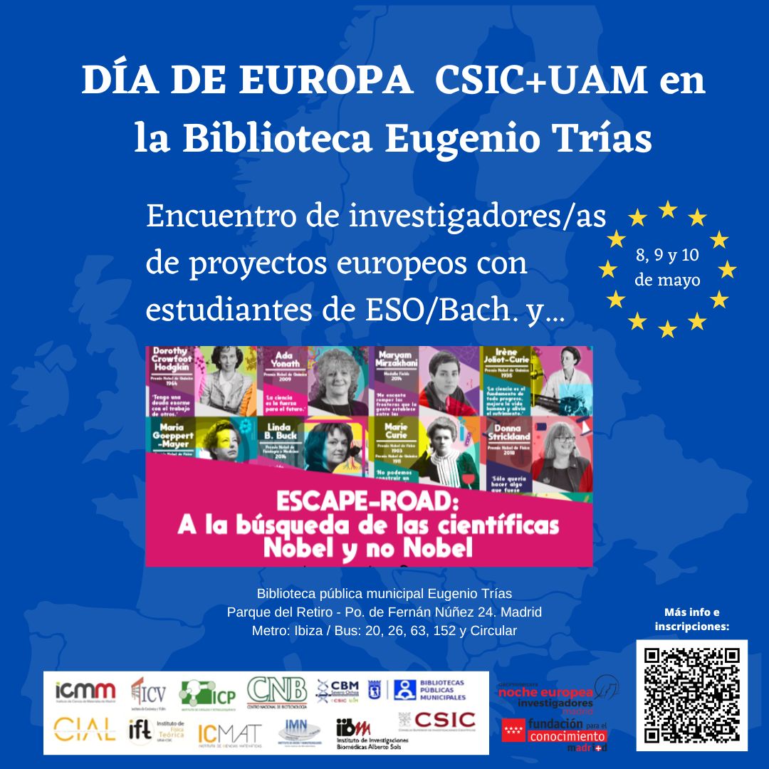 ❗️Gentes de Madrid! 💥La semana que viene, 8, 9 y 10 de mayo, celebramos el #DíadeEuropa con un evento GRATIS sobre la ciencia que hacemos gracias a Europa. ⚡️¡¡Tenemos plazas libres!! 🙏¿Nos ayudáis a darle difusión para llenarlas? 🙏icmm.csic.es/en/actualidad-…