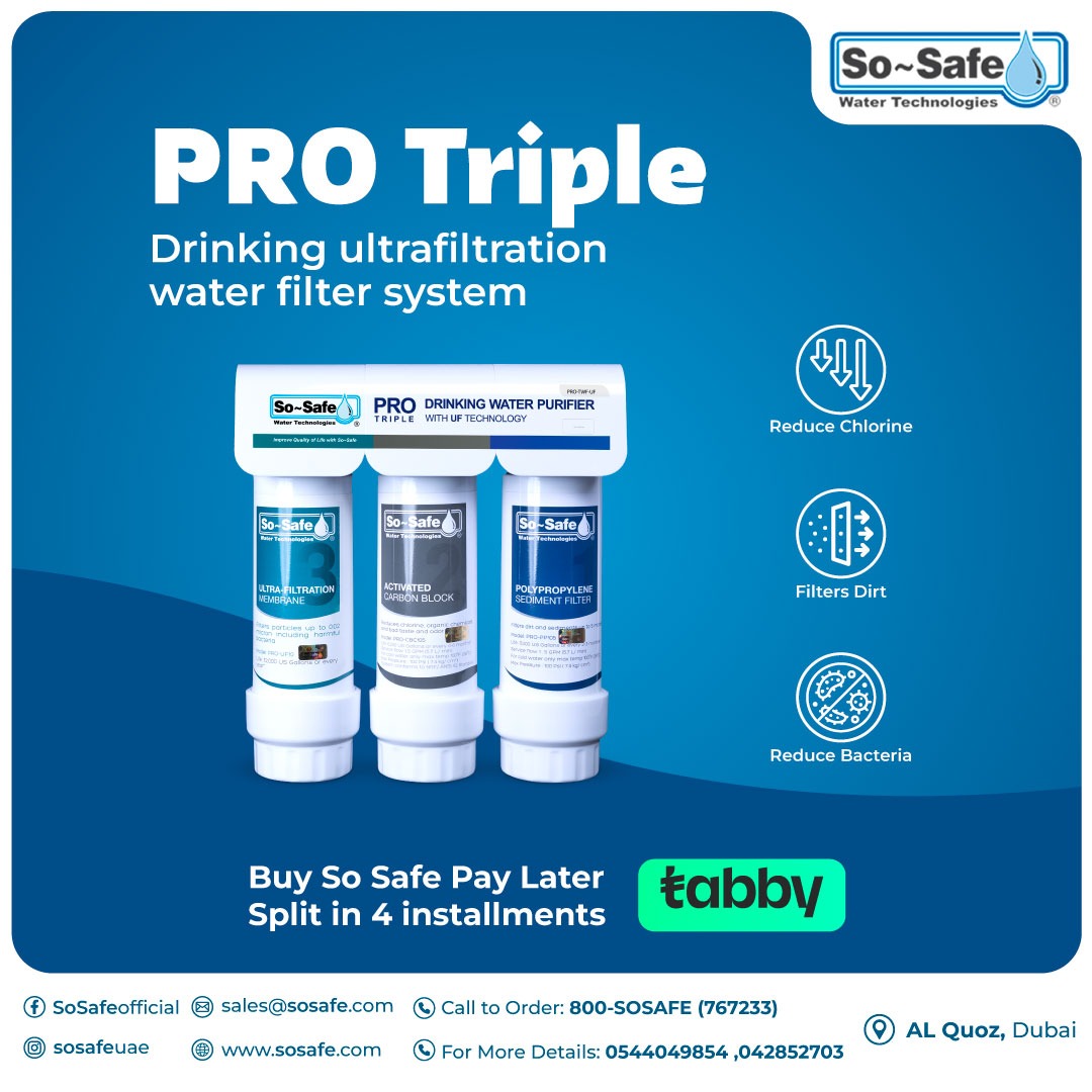 So~Safe PRO Triple Drinking Water Purifier, equipped with state-of-the-art Ultrafiltration (UF) membrane technology to ensure the removal of harmful bacteria from your water.
#SoSafeUAE #PureWater #WaterPurification #CleanWater #HealthyLiving #WaterSafety #UAEHealth #StayHydrated