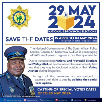 Safe and peaceful elections is our priority. Due to the upcoming elections, National Commissioner of the South African Police Service (SAPS), General Fannie Masemola encourages all functional members to register for the special vote #SAElections2024 online.elections.org.za/.../applicatio…