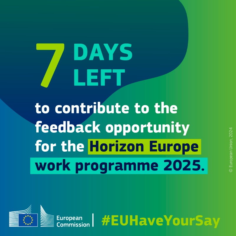 HorizonEU's tweet photo. ⏰ The clock is ticking!

Only 7⃣ days left to participate to the feedback opportunity for the #HorizonEU work programme 2025! 

📃 Fill in the survey 
🗣️ Share your inputs
🤝 co-design the next work programme   

You have until midday, 6 May!  #EUHaveYourSay 👇