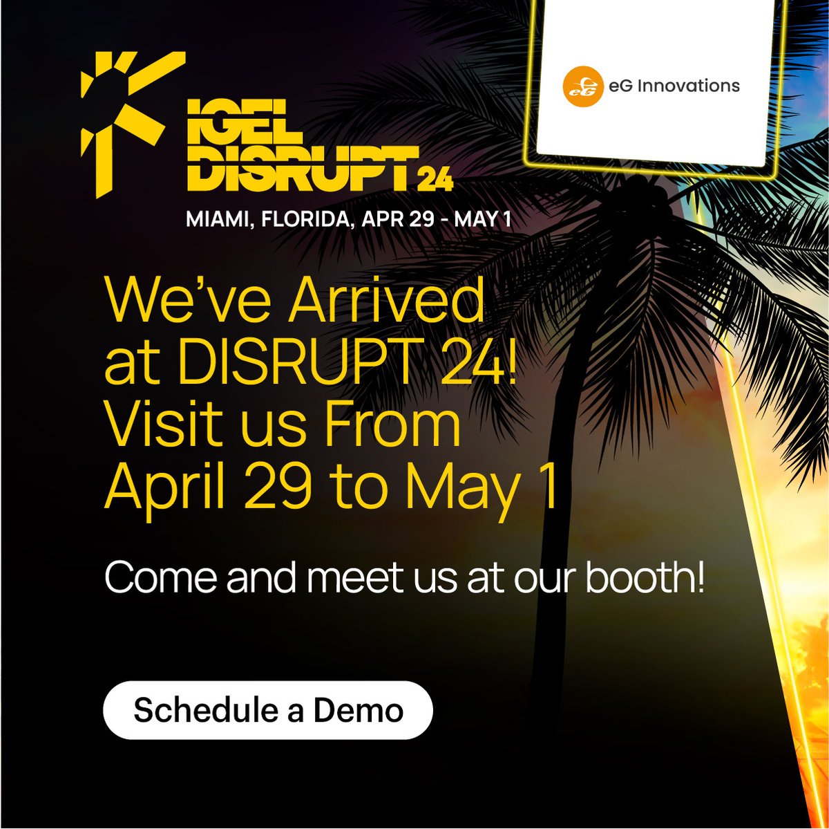 eGInnovations's tweet photo. Heading to IGEL DISRUPT 2024?
Join us at our booth during DISRUPT 24 for a personalized demo & expert tips on optimizing IT performance with eG Enterprise, our AIOps-powered monitoring solution.
Schedule a demo: https://t.co/ps6FNrgoQ0
#DISRUPT24 #IGELOS #eGInnovations #IGEL https://t.co/YGquneYBDu