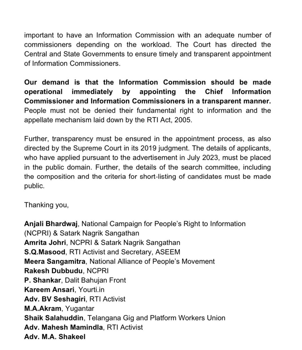 An alliance of RTI activists, including @AnjaliB_ & @SQMasood, are urging action on the State Information Commission's 14-month hiatus. With over 12,000 cases pending, they press for transparent appointments to uphold citizens' right to information. #RTI #TransparencyNow