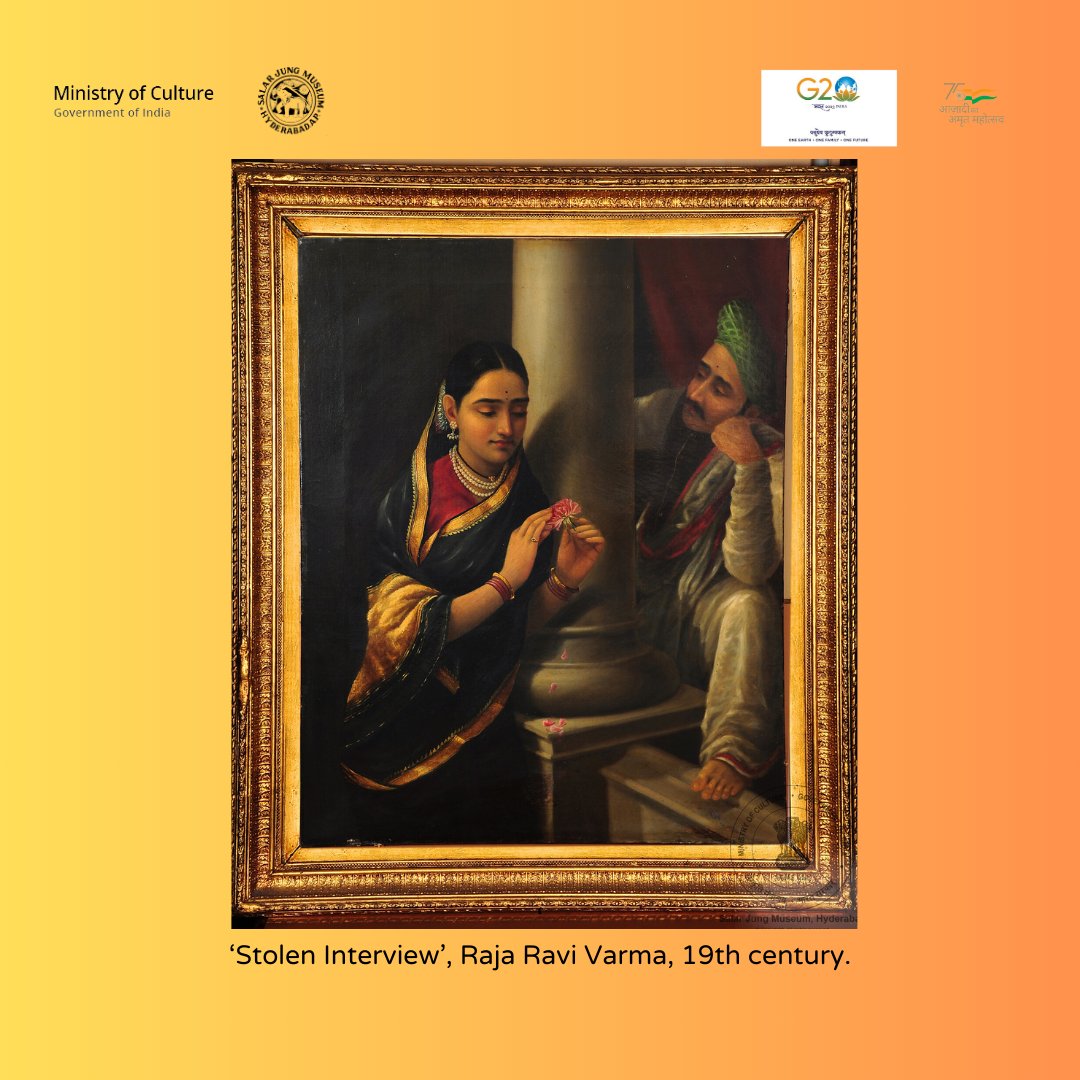 REMEMBERING RAJA RAVI VARMA ON HIS BIRTH ANNIVERSARY!
A painting ‘Stolen Interview’ captures a romantic moment between lovers beside a pillar. The lady is holding a rose, plucking petals from it,  the man is anxiously looking towards her.
1/2
#SalarJungMuseum #RajaRaviVarma