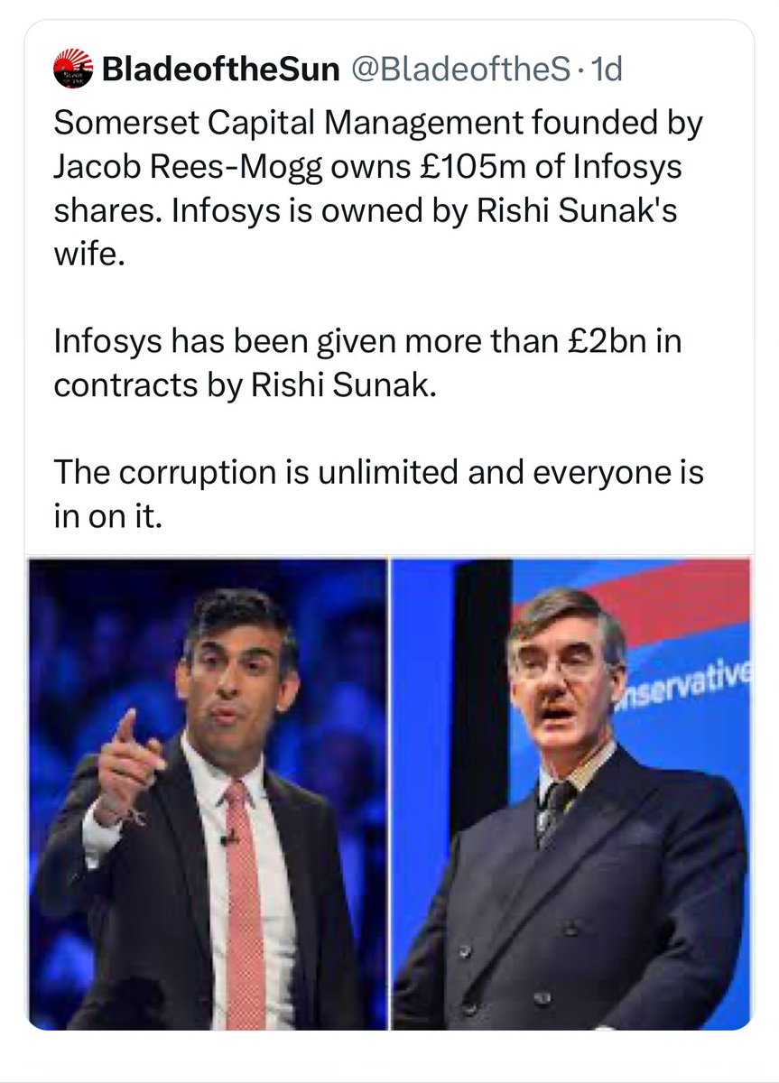 @BBCNews And whilst Rishi Sunak is plunging “more” of the most vulnerable people in society into poverty, he’s enriching himself his family and friends, the Tories make my feckin blood boil. What’s Labour doing about it ? absolutely nothing. #DontVoteLabour #DontVoteTory #VoteSNP🏴󠁧󠁢󠁳󠁣󠁴󠁿
