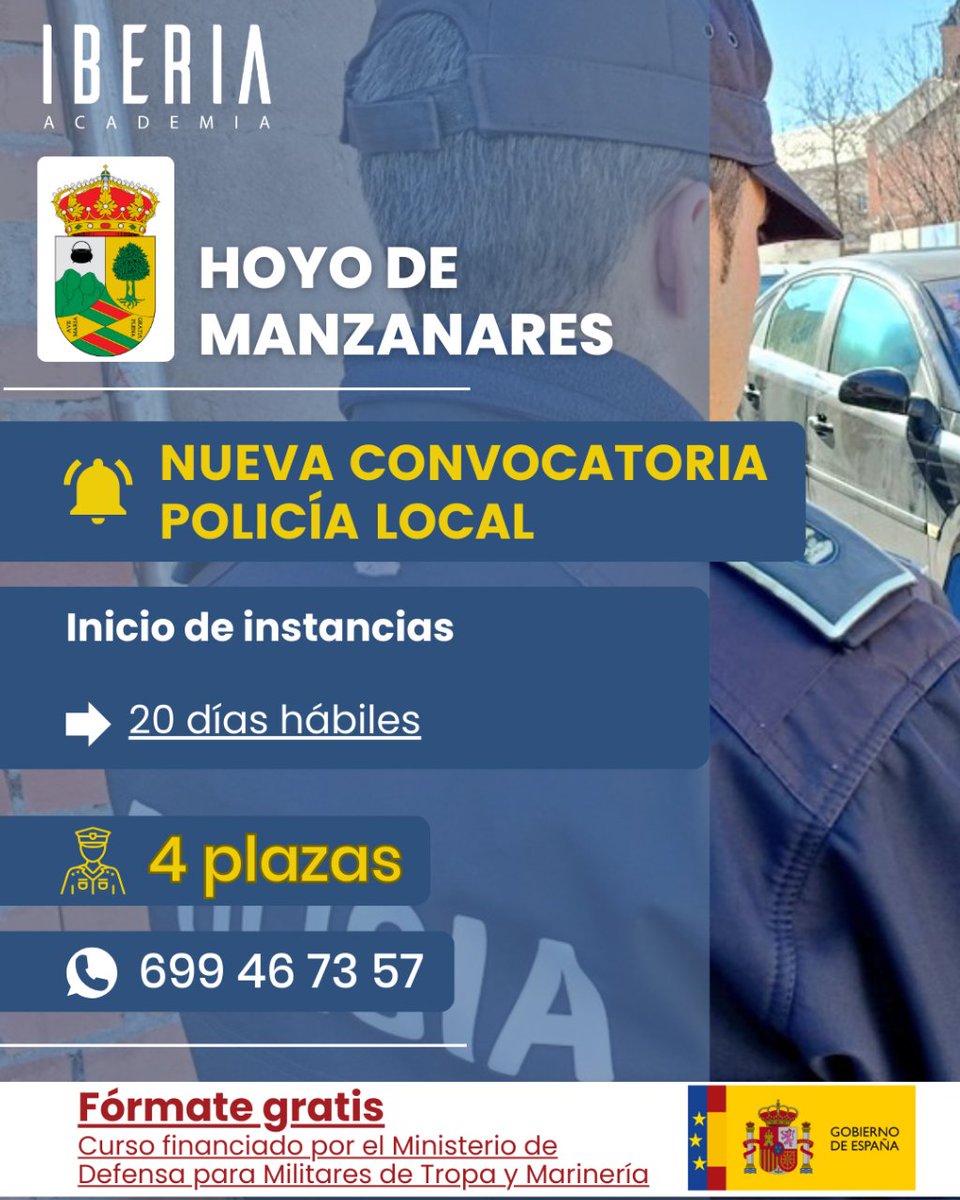 ¡Nuevo #iniciodeinstancias! 🙌🏼 

➡️ 4 plazas de #PolicíaLocal para el Ayuntamiento de #HoyodeManzanares. 👮🏼
🔗 boe.es/boe/dias/2024/…

¿Necesitas más información? Llámanos o escríbenos al 📲 699 46 73 57

#academiaiberia #academiaoposiciones #madrid #opositor #opositorpolicia