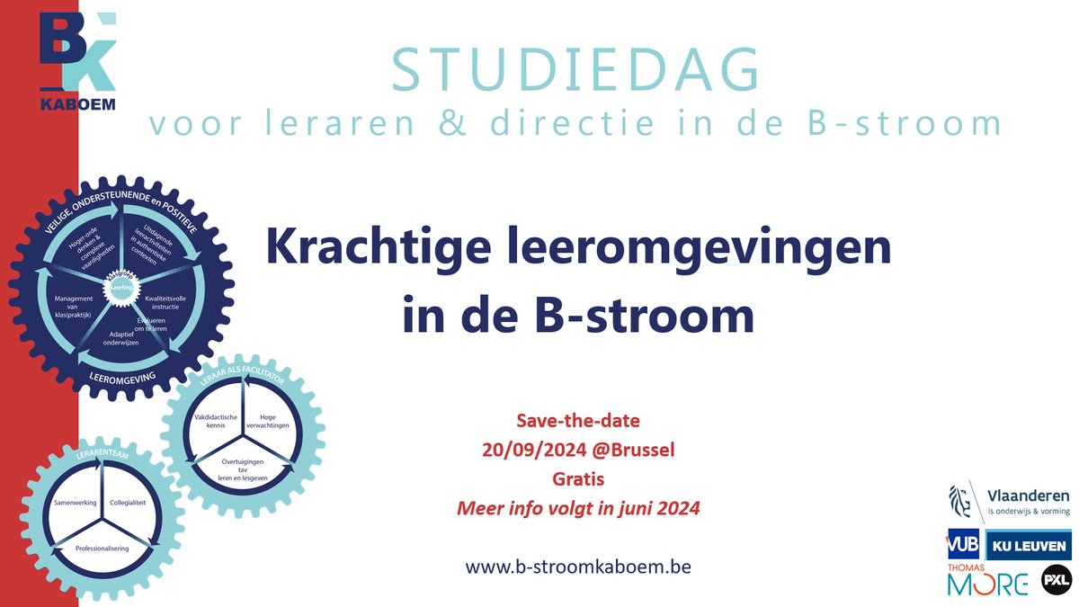 Save-the-date: studiedag voor #leraren in de #Bstroom. Iedereen welkom in Brussel op 20/09/2024. 

Focus: krachtige leeromgevingen in de B-stroom

Meer info vanaf juni 2024: b-stroomkaboem.be