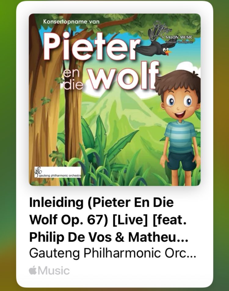 Pieter en die Wolf in Afrikaans uitgevoer deur Philip de Vos en Gauteng Philharmonic Orchestra nou aanlyn via iTunes. #klassiekemusiek #orkes #Prokofiev #afrikaans #jongkind #musiekwaardering #musiekblootstelling #aanlyn #nouaanlyn #audio #audiostreaming music.apple.com/za/album/inlei…