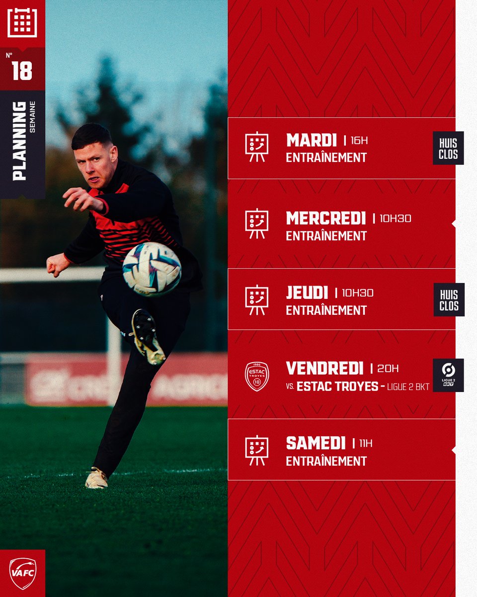 📆 Après les deux victoires face à Ajaccio et Grenoble, nos Rouge et Blanc entament une nouvelle semaine avec un déplacement sur la pelouse de l'@estac_officiel, vendredi à 20h ! Le planning 👇