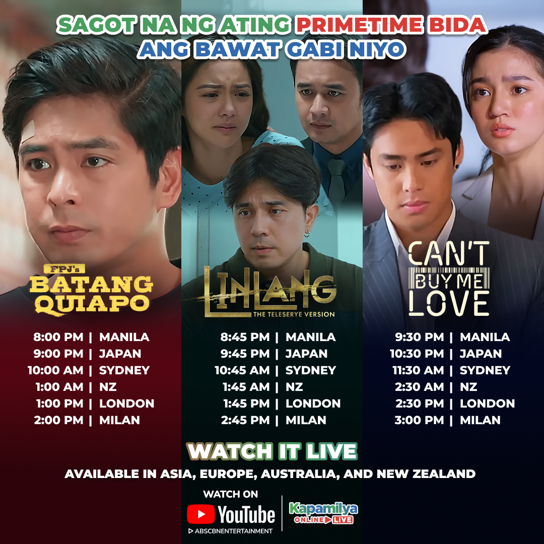 Tutok lang sa mga maiinit na eksena sa ating #PrimetimeBida! 😳 Watch #FPJsBatangQuiapo, #Linlang, and #CantBuyMeLove LIVE sa #KapamilyaOnlineLive!