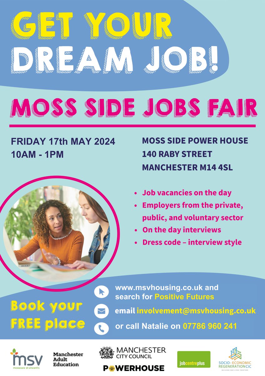 Are you looking for a new job, come along to the next job fair at the Powerhouse Moss side M14 4SL on 17 May 2024 10am to 1pm, no need to book just turn up on the day.