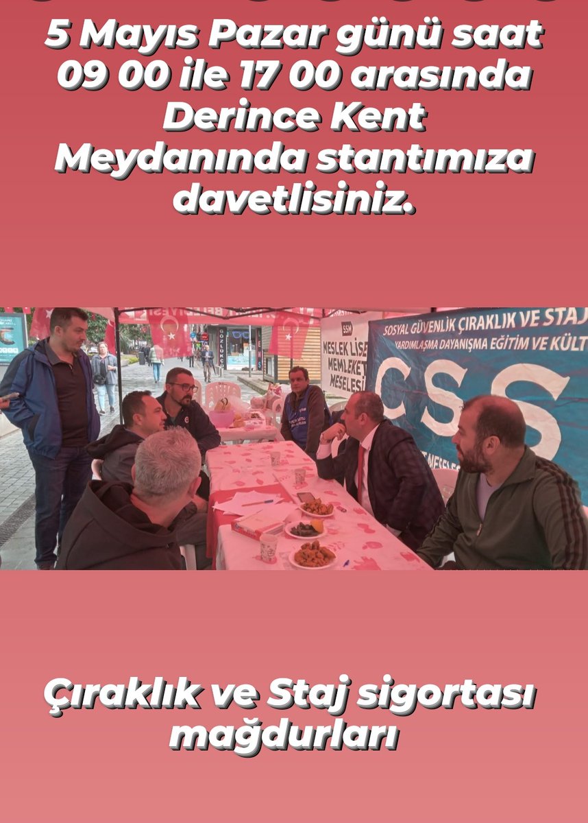 5 Mayıs Pazar günü saat 09 00 ile 17 00 arasında Derince Kent meydanında stantımızı açıyoruz. Staj Çıraklık ve Kademeli Emeklilik mağdurlarını bekliyoruz. Birlikte rahmet ayrılıkta azap var. #EmeklilikteKademeBekleyenler #StajVeÇıraklıkSskBaşlangıcıOlsun #GülümseStajVeÇırak…