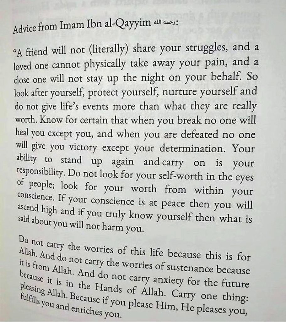 Golden advice by Imam Ibn Al Qayyim R.A:

Allah has given you enough strength to face any challenge. So, don't underestimate yourself or rely too much on others. Your strength comes from within, and your value is seen by Allah. Trust in Him &amp; make pleasing Him your top priority!