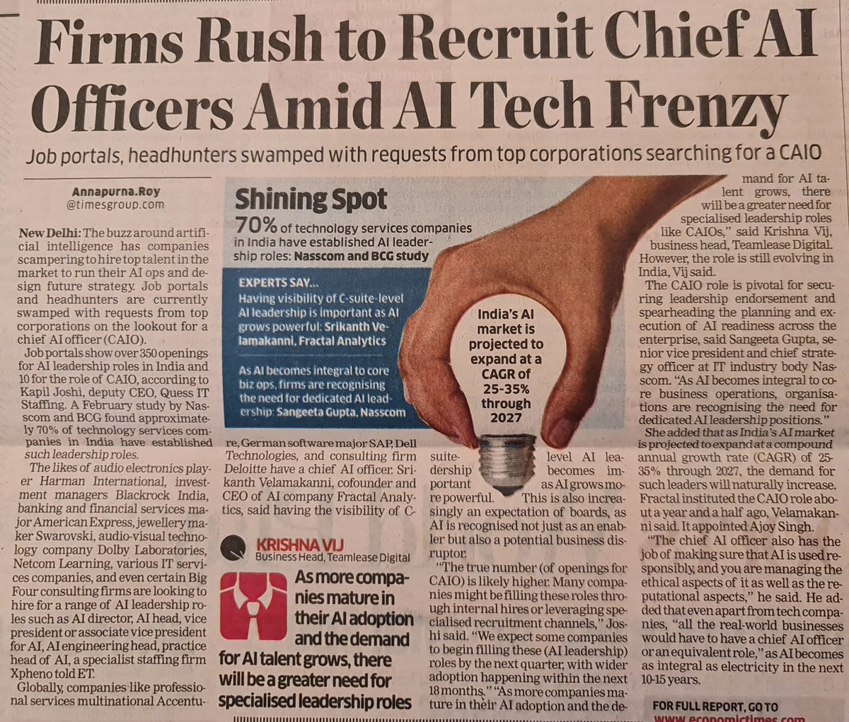 Many cos had 'Chief Innovation Officer' - did that make them more innovative?

Likewise for 'Chief AI Officer' - sounds like a trope! What orgs need to prep for the AI wave is a culture of bottoms-up risk taking.. such decorative, top-down measures are largely lipservice!