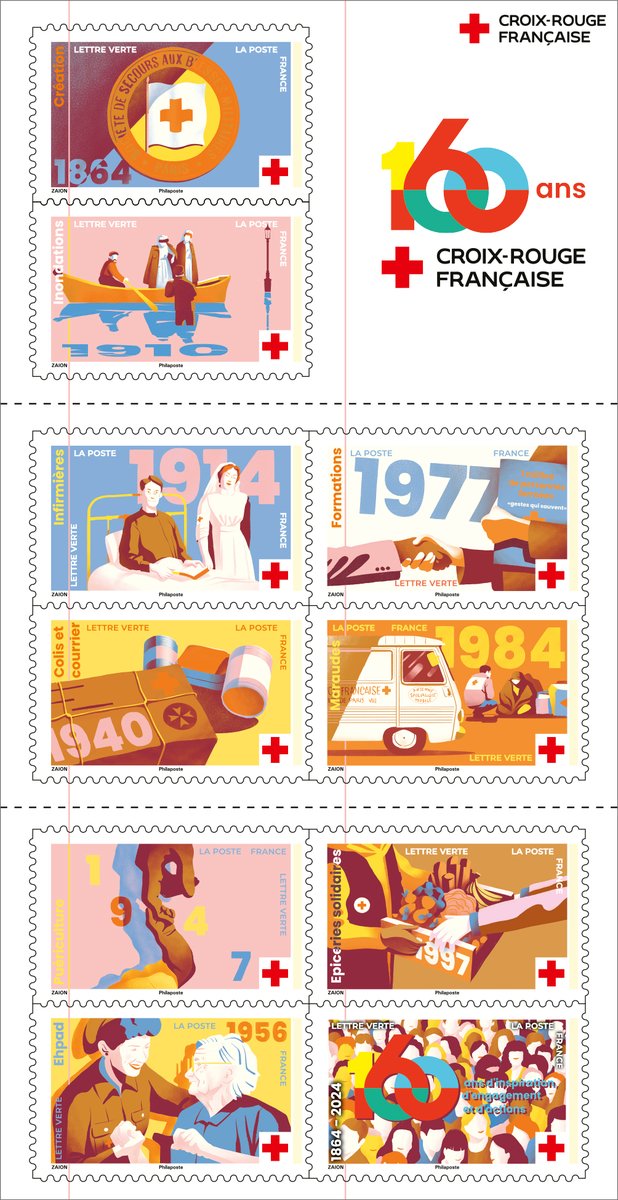 Lancement du carnet de 10 #timbres les 160 ans de la Croix-Rouge française. 🔹 dans de nombreux bureaux de poste 🔹auprès de : sav-phila.philaposte@laposte.fr 🔹@museedelaposte 🔹sur réservation auprès de votre buraliste 🔹 en ligne sur : bit.ly/3UA6HLN @CroixRouge