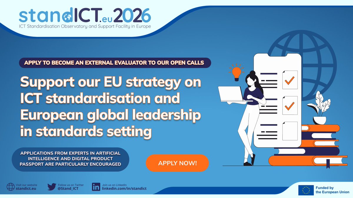 #ApplyNow | Are you an AI or Digital Product Passport expert?
💥Become an External Evaluator to <a href="/Stand_ICT/">StandICT</a> 2026 Open Calls!
😤Help solidify Europe as a leader in #ICT standardisation 
🎯Apply via this link: tinyurl.com/4jfj23bp