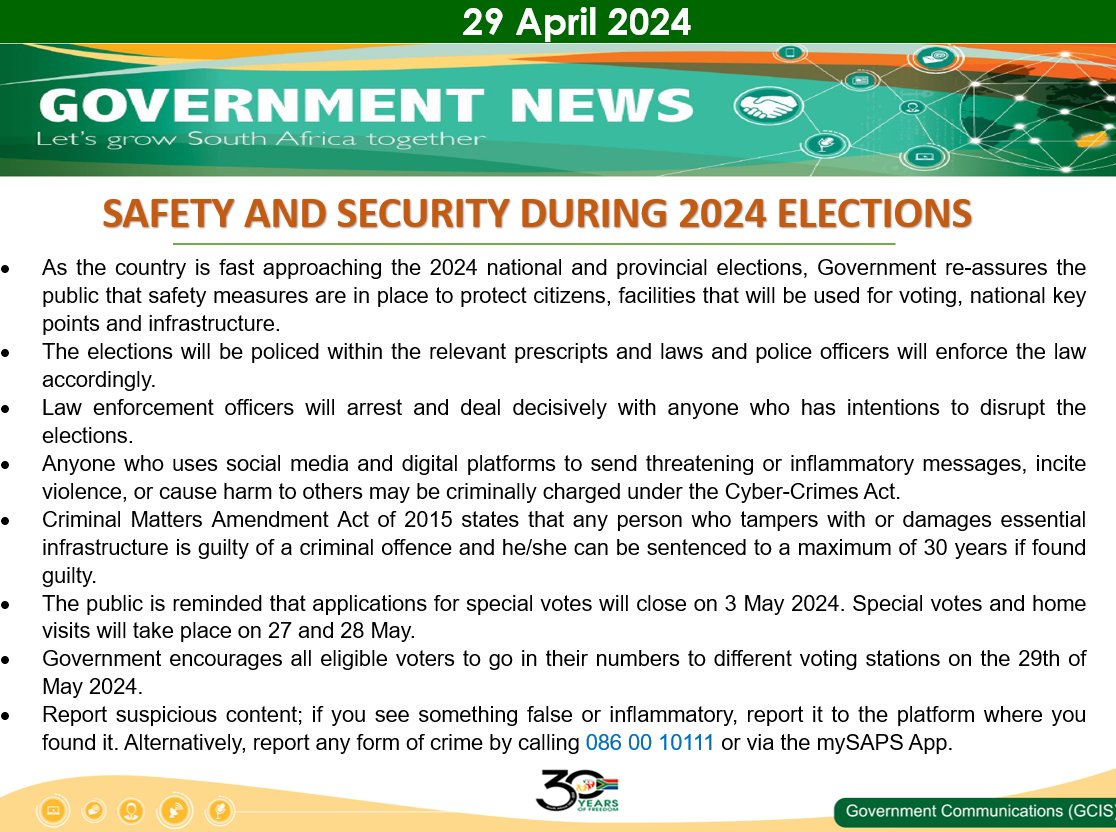 Government re-assures the public that safety measures are in place to protect citizens, facilities that will be used for voting, national key points and infrastructure. @GovernmentZA #elections