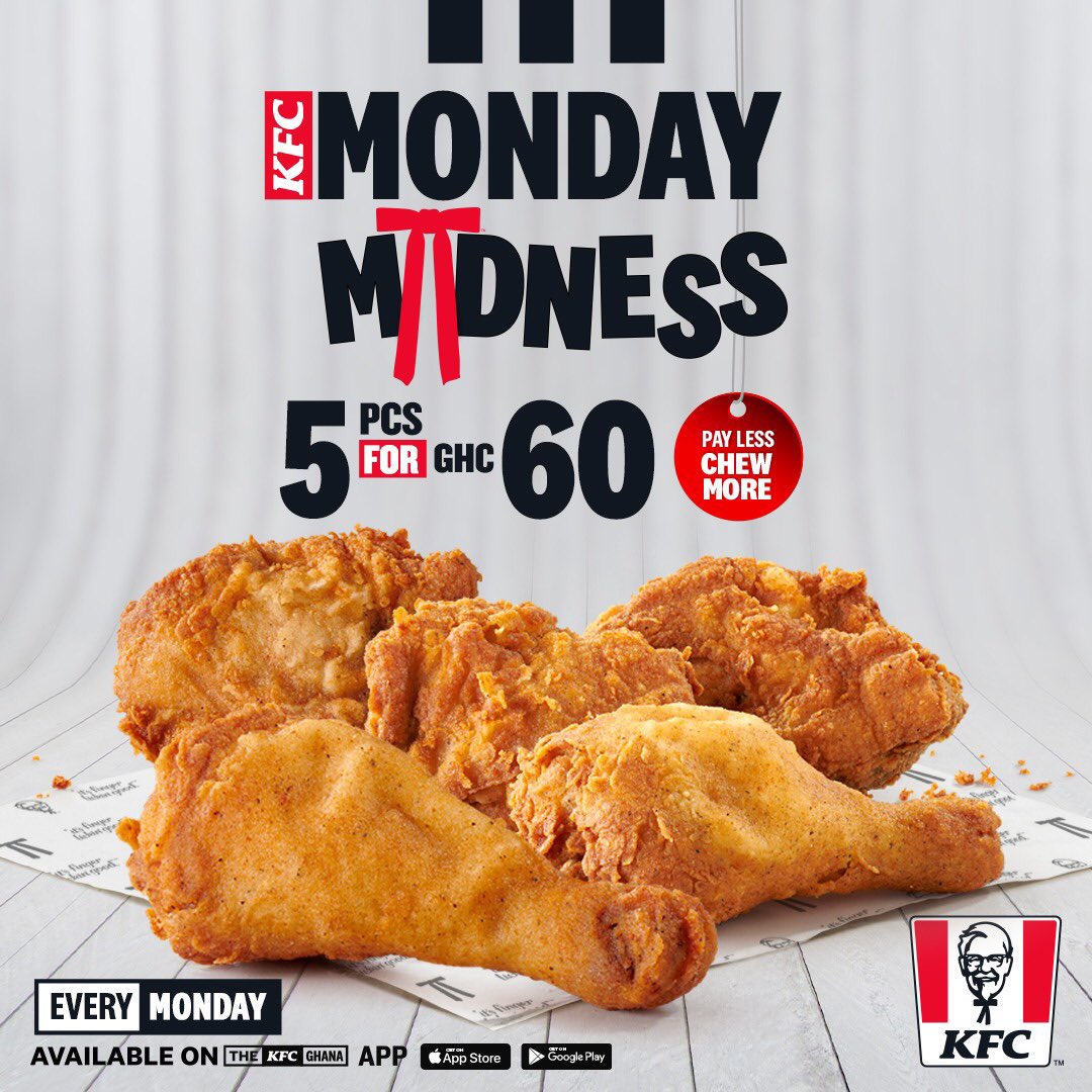 #KFCMondayMadness visit your favorite branch here in Ghana for your 5 pieces of chicken for just 60 cedis 🔥🔥 you can also tap on this link to make your order🔥🔥 bit.ly/42FKaPV