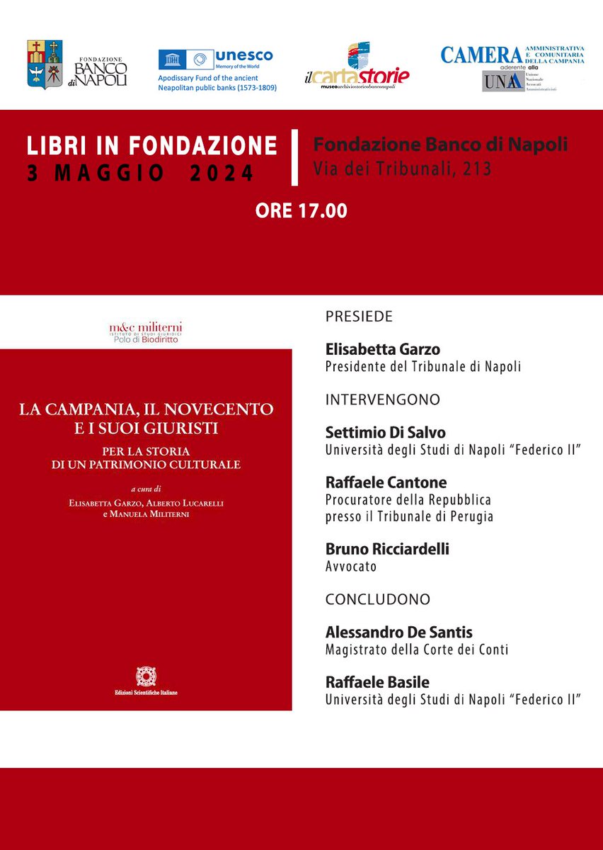 Per il ciclo “Libri in Fondazione”, venerdì  3 maggio alle ore 17 i nostri ospiti dialogheranno  su “La Campania, il Novecento e i suoi giuristi” per la storia di un patrimonio culturale
Una sezione di studio e dibattito che parte da un volume di grande spessore socio giuridico