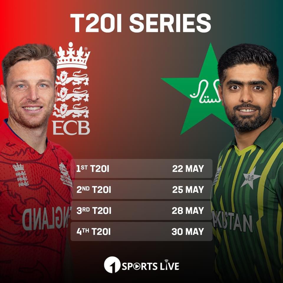 T20I Series 
Between Pakistan & England Schedule have been Announced

More Updates : 1sportslive.com

#1sportslive 
#ICC 
#pakistan 
#pakistancricket 
#england #englandcricket 
#ENGvsPAK #T20 #T20Cricket 
#T20Series #karachi #london #islamabad 
#cricket #cricketnews…