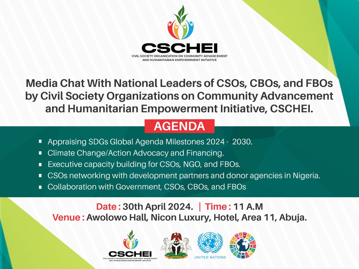 If you are a leader of a CSO, CBO, or FBO, you are cordially invited and expected to attend the media chat with #cschei.

All the need-to-know details are on the flyer. 

See you at the event.

#NGOs #CBOs #FBOs #civilsocietyorganizations 
#development