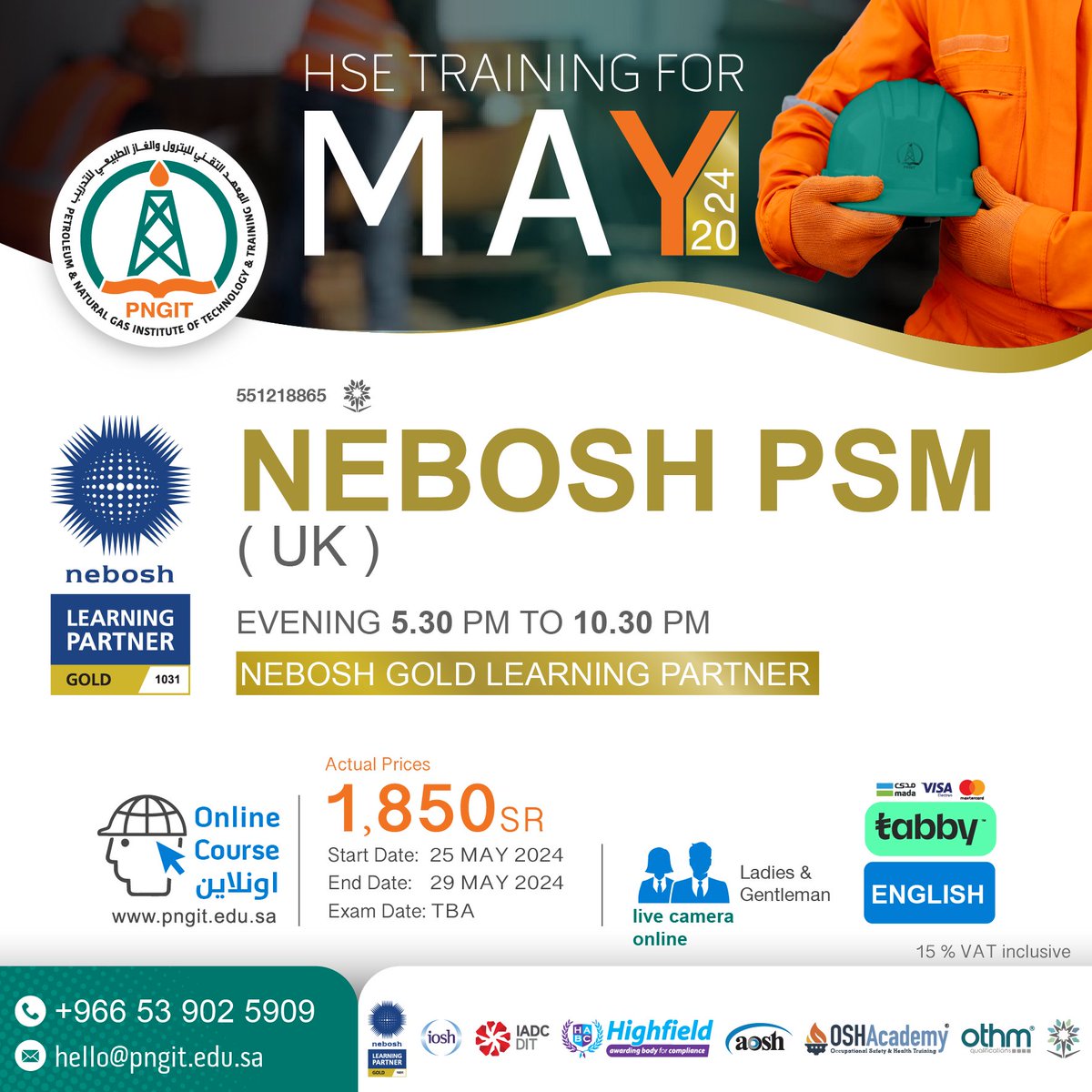 دورة #نيبوش NEBOSH Process Safety Management (#PSM)

من خلال شريك التعليم الذهبي #PNGIT المعتمد من #NEBOSH

تفاصيل الدورة:

تاريخ البدء: 25 مايو 2024
تاريخ الانتهاء: 29 مايو 2024
تاريخ الامتحان: سيتم الإعلان عنه لاحقًا

رسوم الدورة: 1850 ريال سعودي

يمكنك أيضًا الاستفادة من خيار…