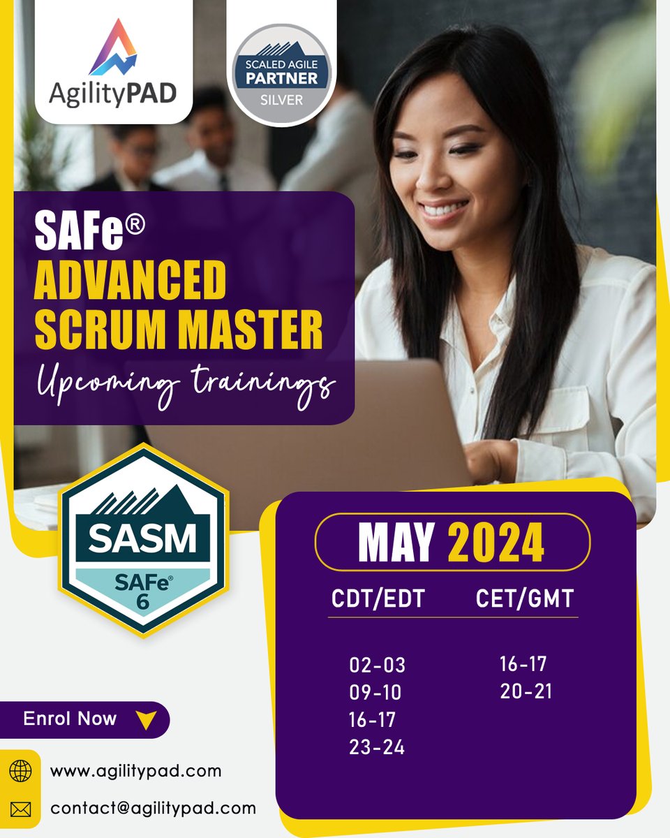 Enroll Now for Upcoming SAFe® Advanced Scrum Master (SASM) Online Training in May 2024. 🎓

BOOK NOW: agilitypad.com/safe-advanced-…

#scrum #scrummaster #scaledagile #kanban #scrumban #safeagilist #Safe6  #scrumtraining #scrumstudy #scrumproductowner