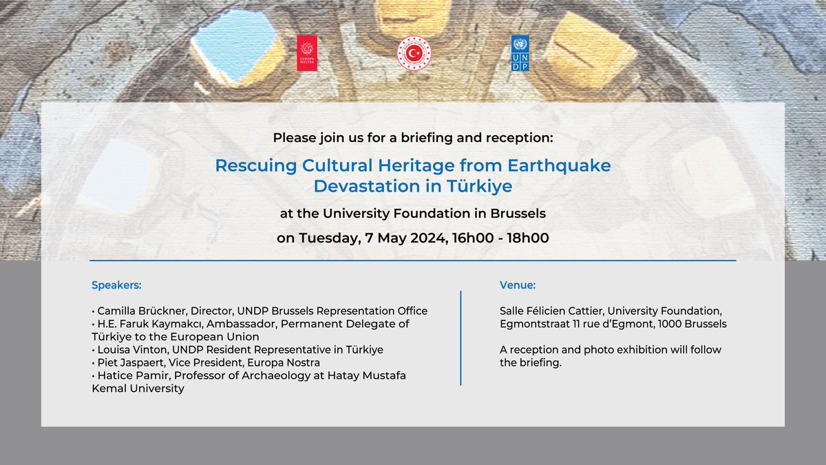 🗓️ Join us on 7 May in Brussels 🇧🇪 to shed a light on endangered #heritage in #Türkiye 🇹🇷 after the devastating 2023 earthquakes. High-representatives from @UNDPEU, @undpturkiye, @TC_AVBIRDT, @mkuniv & Europa Nostra will take part. Register by 3 May 👉 europanostra.org/events/rescuin…