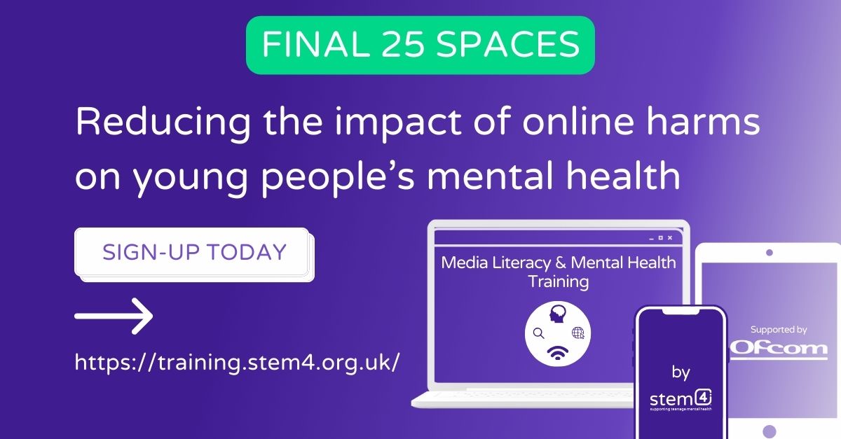 stem4, supported by Ofcom, is pleased to be able to offer our last 25 free places across our Intro to Online Safety First Aid and Media Literacy and Mental Health Training. Don't miss out! 👇 👉 training.stem4.org.uk