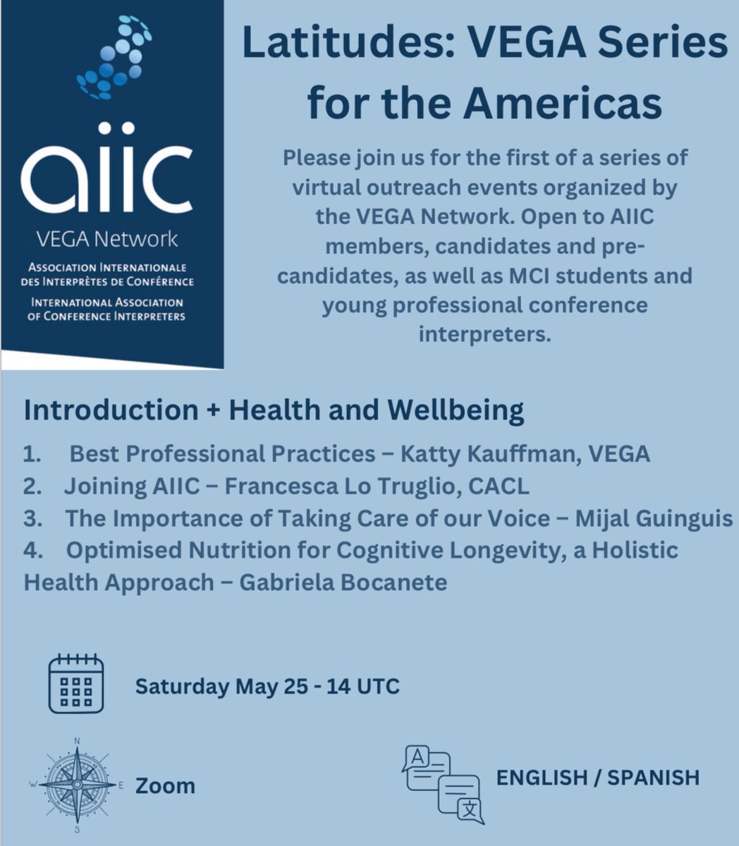 Calling all interpreters! 🌎 Join us at Vega Americas outreach event on May 25 (14 UTC) to learn about AIIC, professional best practices, and holistic health for interpreters. Register now: forms.gle/TgCWG59ve4Y3pQ… #aiic #aiicvega #interpreter