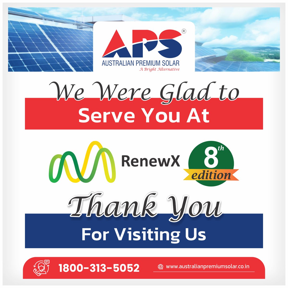 APS feels proud to meet and connect with you all at #RenewX 8th edition. Thank you #Hyderabad for trusting us. Hope to see you again.

Contact us: 1800 313 5052 Now.

#renewx #RenewableFuture #AustralianPremiumSolar #APS #solarindustry