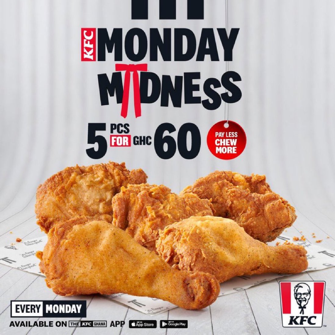 The greatest deal on chicken ever! 🍗 💯 Take advantage of KFC Monday Madness today and purchase five pieces of chicken for just GH¢60. ORDER ONLINE 🍗🔗 : bit.ly/42FKaPV #KFCMondayMadness